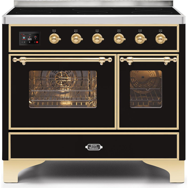 Cuisinière à induction 40 pouces avec 6 éléments à induction ILVE Majestic II Series (porte en verre), Noir brillant / laiton