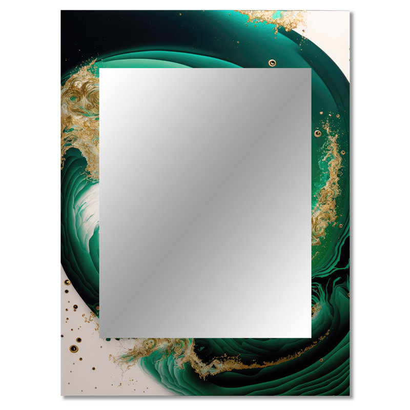 Emerald Green And Gold Abstract Waves III - Abstract Spirals Unique Mirror, Modern Large Wall Mirror, Printed Metal Art
