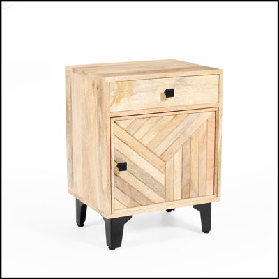 Table de chevet en bois massif fabriquée à la main avec finition naturelle et détails sculptés à la main, parfaite pour le rangement dans la chambre à coucher et l'esthétique