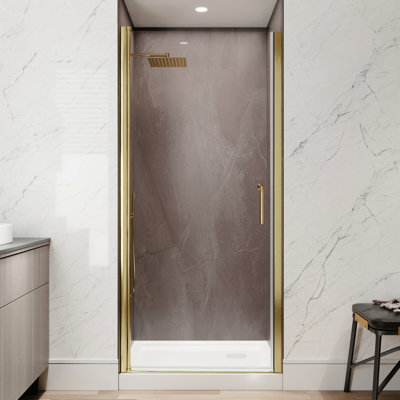 Porte de douche pivotante en verre transparent de 34 à 36 po de largeur en or brossé, réversible pour les coins de la salle de bain, conception anti-éclaboussures réglable à droite ou à gauche, utilisation