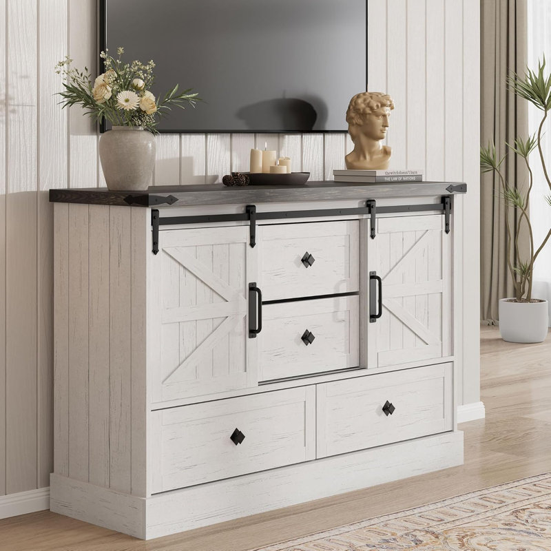 45" Farmhouse 4 Drawer Dresser With Sliding Barn Doors, Large Drawers & Bar Handles, White