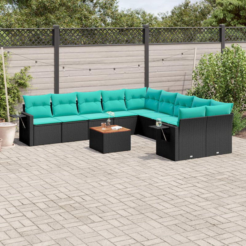Ensemble de canapé de patio 11 pièces avec coussins en rotin de polyester, Bleu, Noir