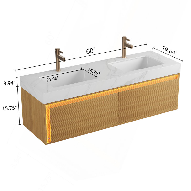 Meuble-lavabo de salle de bain, meuble de rangement flottant en contreplaqué à grille mince, tiroir avec capteur de lumière, plateau blanc Carrara et lavabo encastré en céramique