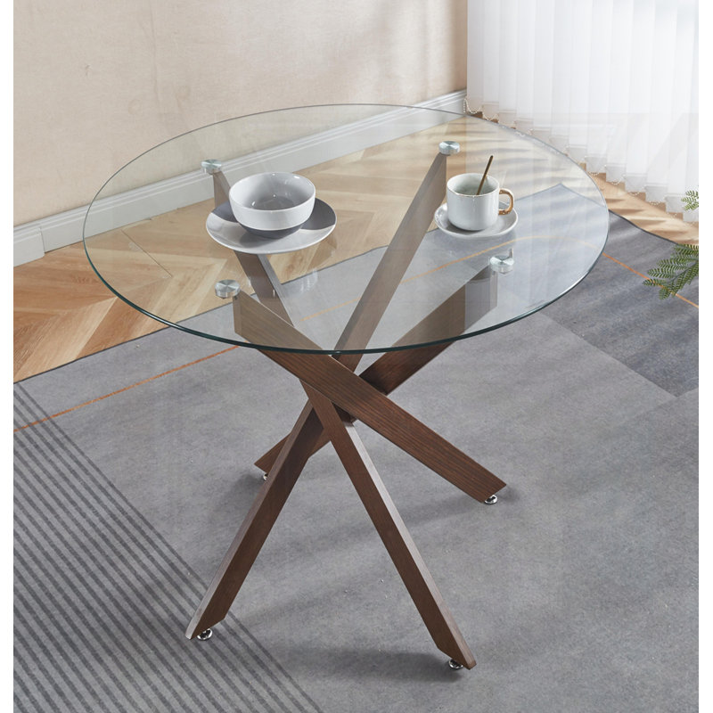 Table de salle à manger avec pieds en métal et verre trempé, H 29,13 po x L 35,43 po x l 35,43 po, Brun