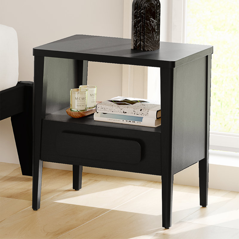 Carruthers Mid Century Modern Solid Wood Nightstand with Open Shelf, Premium Hevea Wooden Bedside Table With Ball Bearing Slide