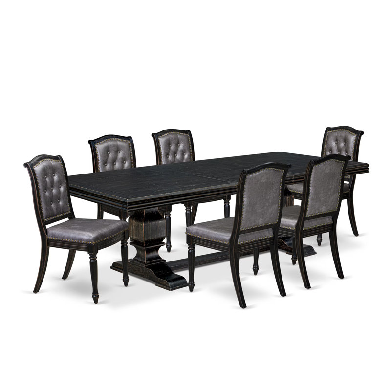Ensemble de table de salle à manger 7 pièces Mid Century composé d'une table et de 6 chaises en similicuir gris foncé avec dossier capitonné - Finition sable
