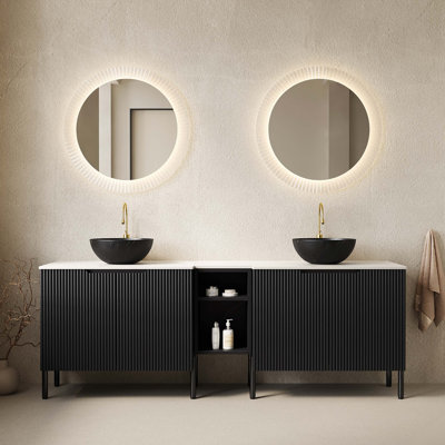 Meuble-lavabo double autoportant avec lavabos en pierre et rangement spacieux