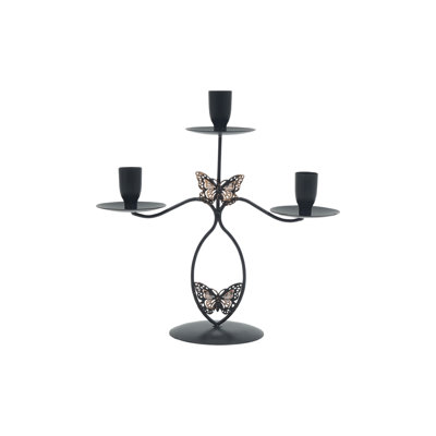 Bougeoir papillon à 3 bras, porte-bougie conique en métal de style champêtre français, chandelier noir mat avec accents papillon bronze pour table et manteau de cheminée