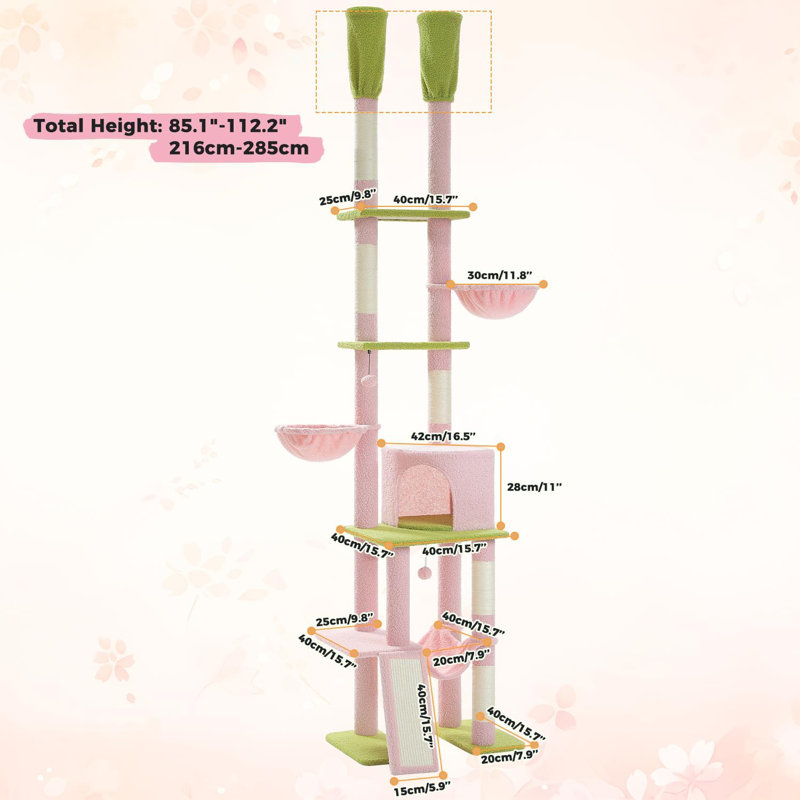 Dylann 112'' Hight Cat Tree Floor to Ceiling Cat Tower with Adjustable Height(85-112 Inches), 7 Tiers Climbing Activity Centre with Cozy Hammocks, 5 Platforms and Scratching Posts for Indoor Cats