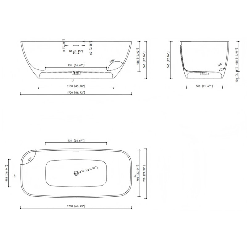 67" solid surface soaking bathtub