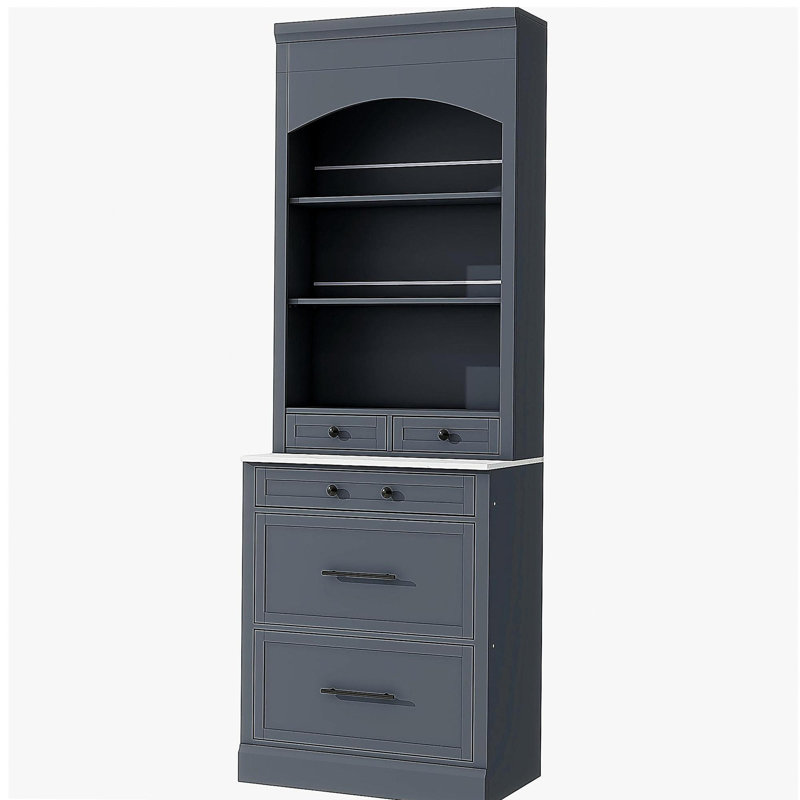Étagère de cuisine autoportante de 83,7 pouces de hauteur avec plateau en marbre, vitrine avec 5 tiroirs de rangement et tablettes réglables, gris Topmax