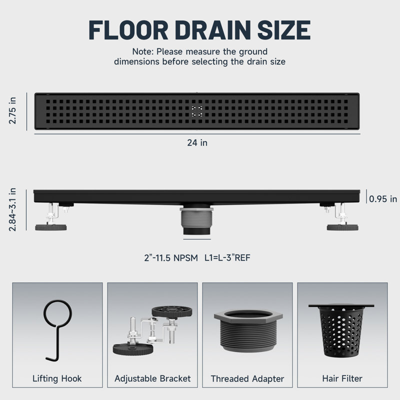 24 po Drain de douche linéaire en acier inoxydable avec couvercle de drain carré noir mat, Noir mat