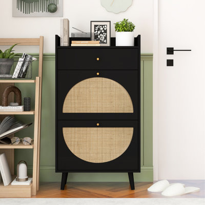 Armoire à chaussures 2 portes, 1 tiroir, double entrée, capacité de 45 lb, ornement naturel, support à panneau ingénieux avec portes et tiroir, charge, décoration, fabrication soignée