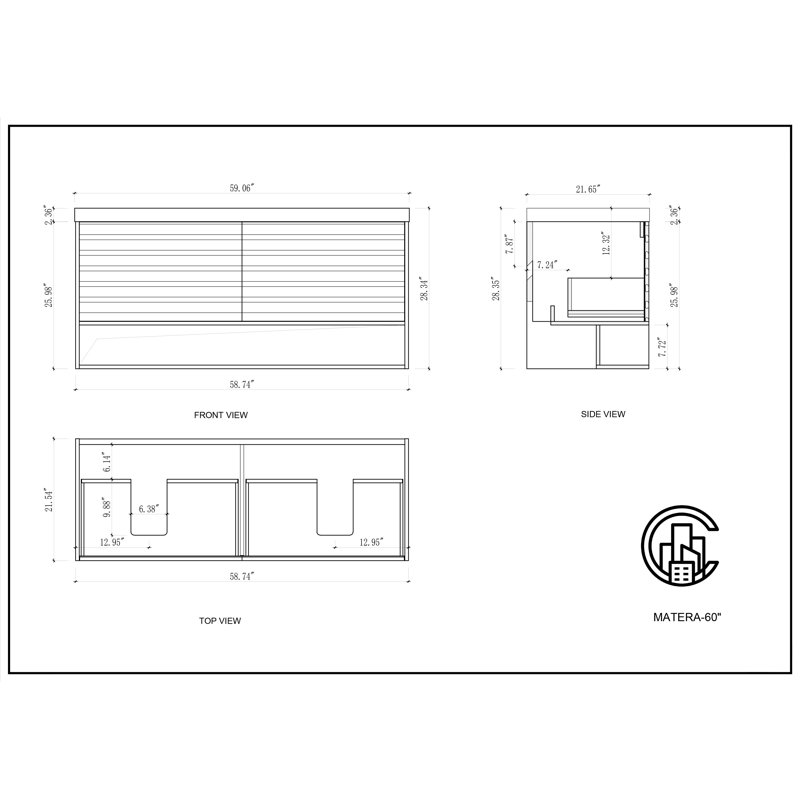 Matera 60" W Double Vanity, Pecan Oak, Black