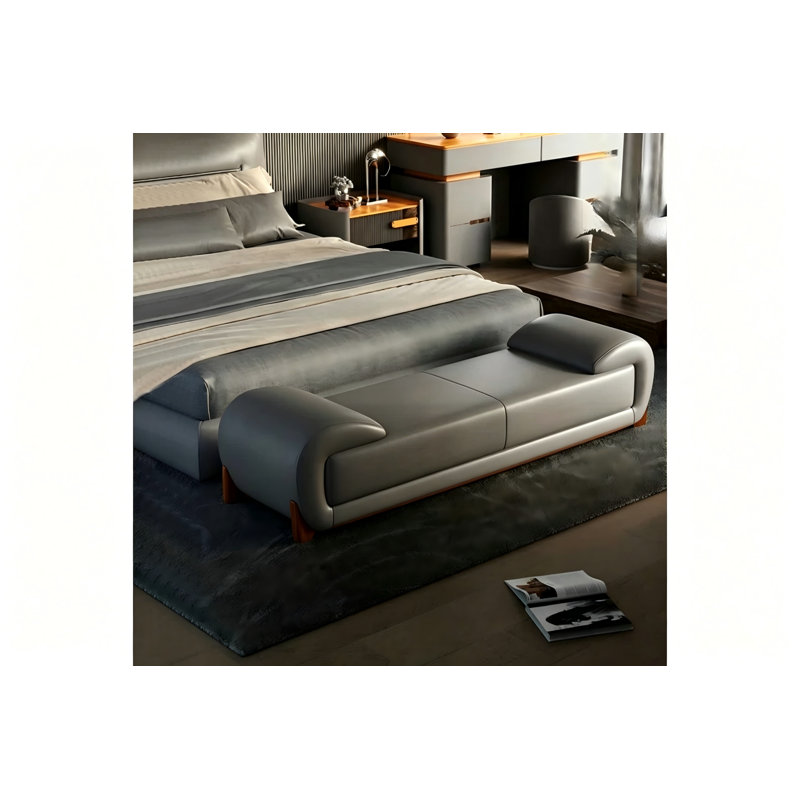 Banc rembourré en cuir véritable Sharella, H 17,71 po x l 59,05 po x P 19,68 po, Gris