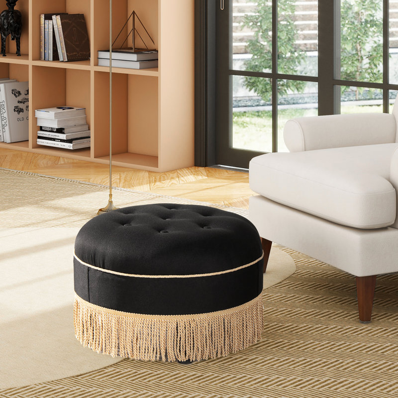 Neptune Upholstered Ottoman, Jet Black Basketweave