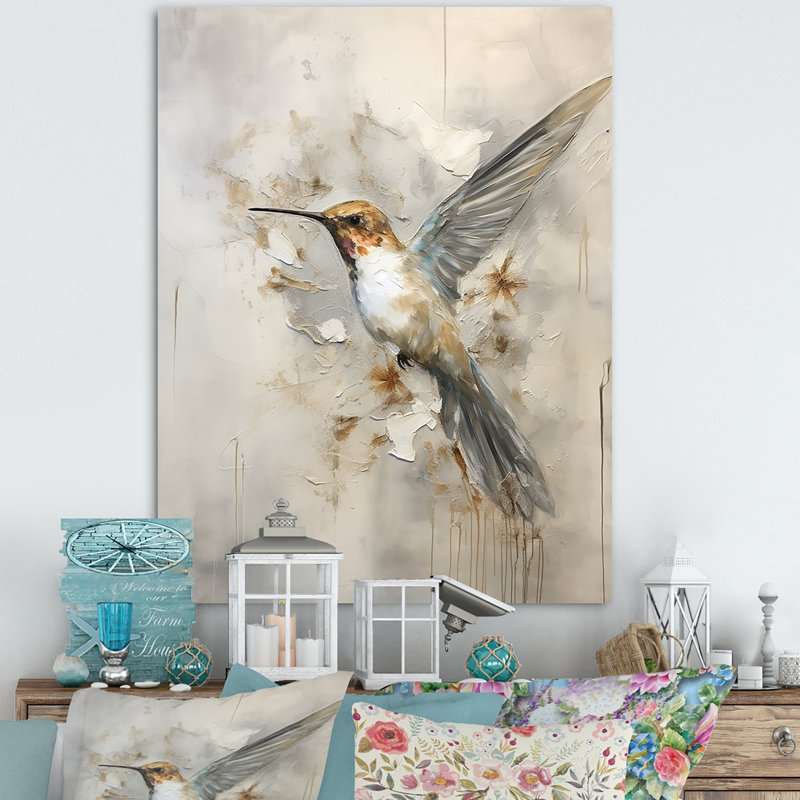 Colibri floral flottant II - Art mural colibri, H 32 po x l 24 po x P 1 po, Toile tendue