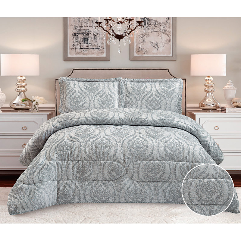 Gina Polyester Damask Bedspread with Pillow Shams Included, Silver, 240 x 260 cm Bedspread - 2 Pillowcases