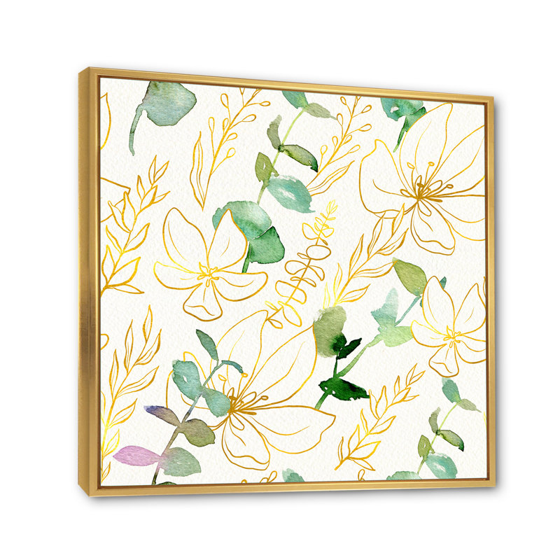 Branches d'eucalyptus jaunes et vertes - Peinture sur toile, H 36 po x l 36 po x P 1 po, Cadre flottant doré
