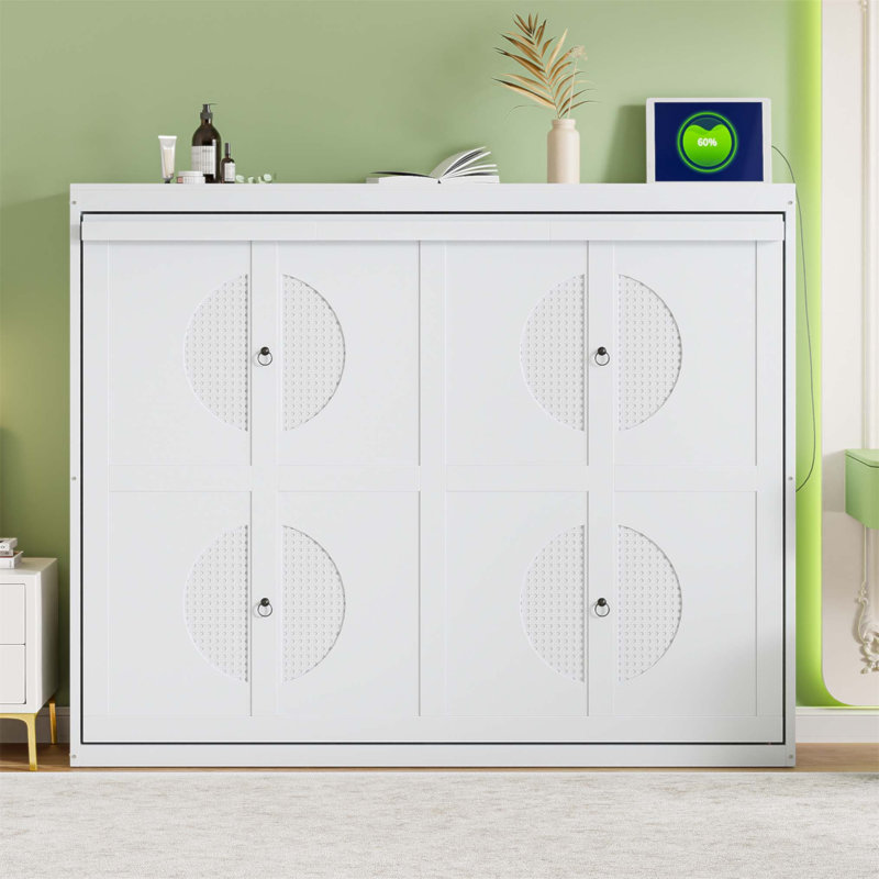 Lit escamotable escamotable avec lattes flexibles pour un confort optimal, Blanc, Grand lit