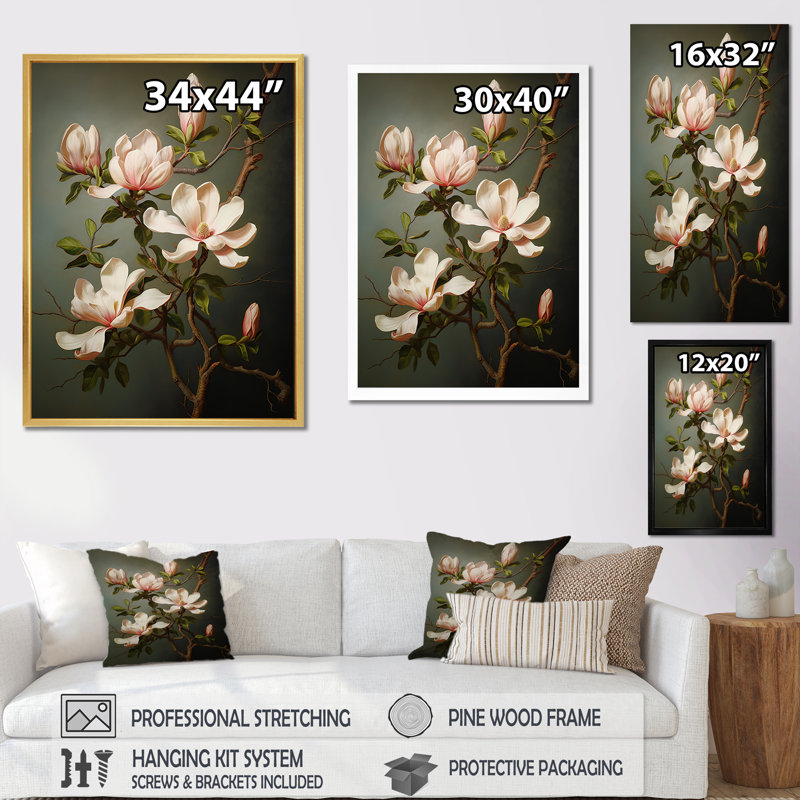 Magnolias méditation sur toile, Cadre photo noir simple, H 32 po x l 24 po x P 1 po