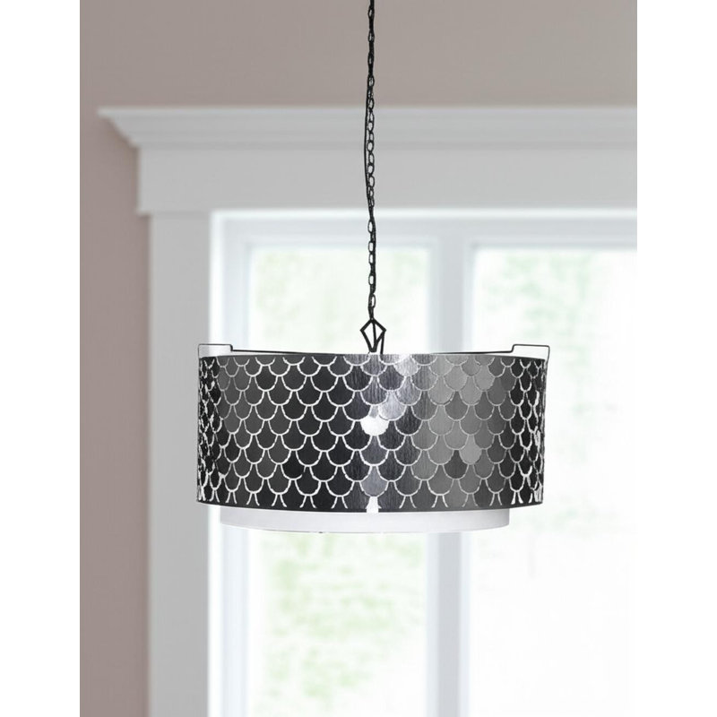 Lustre tambour en métal anthracite noir et blanc à intensité variable avec abat-jour noir
