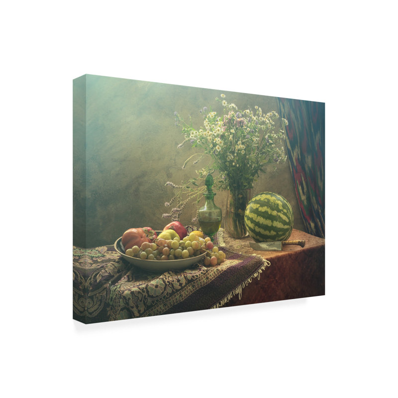 Art sur toile, nature morte avec melon d'eau et fruits, H 24 po x l 32 po
