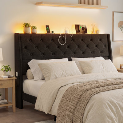  King Size Ergonomic Upholstered Headboard Only with Storage, Modern Button Tufted Linen Wingback Head Board With LED Lights & Charging Station, Bed Frame Brackets Adapter, Adjustable Height, Easy Assembly, Black