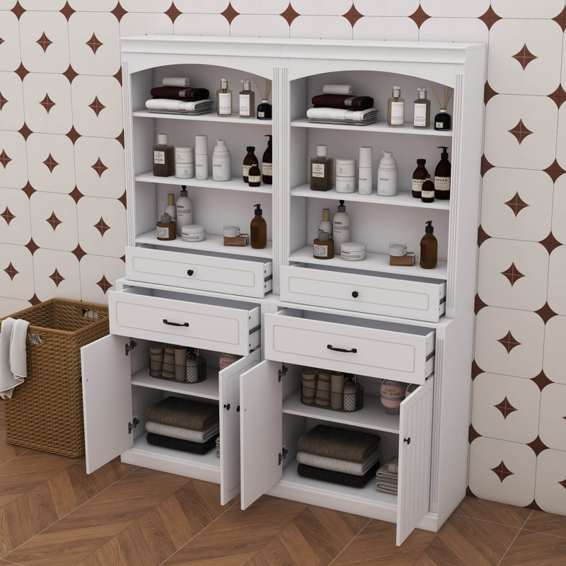 Armoire de rangement pour salle de bain avec tablette réglable à quatre portes et six tablettes ouvertes