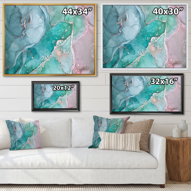Marbre abstrait turquoise - peinture sur toile, Cadre flottant noir, H 34 po x l 44 po