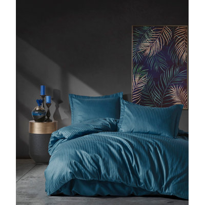 Ensemble de housse de courtepointe luxueuse en satin 100% coton, bleu | Comprend une housse de couette de 78,7 po x 86,6 po, un drap plat de 94,5 po x 102,4 po et des taies d'oreiller Oxford de 19,7 po x 27,6 po (2) | Impression réactive, lavable à la machine, design élégant