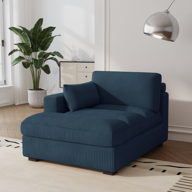 Bentura Oversized Upholstered Navy Corduroy Chaise Lounge with Armrests & Throw Pillows, Left Hand Facing, Navy Corduroy