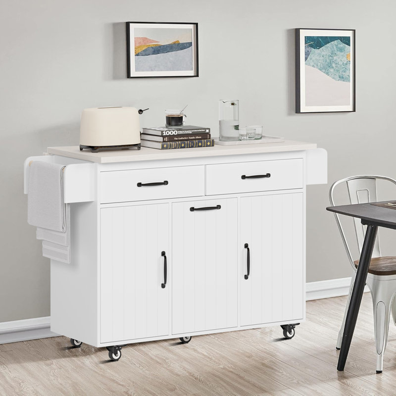 Îlot de cuisine moderne avec 2 tiroirs, 2 armoires, supports et une poubelle dissimulée, Blanc