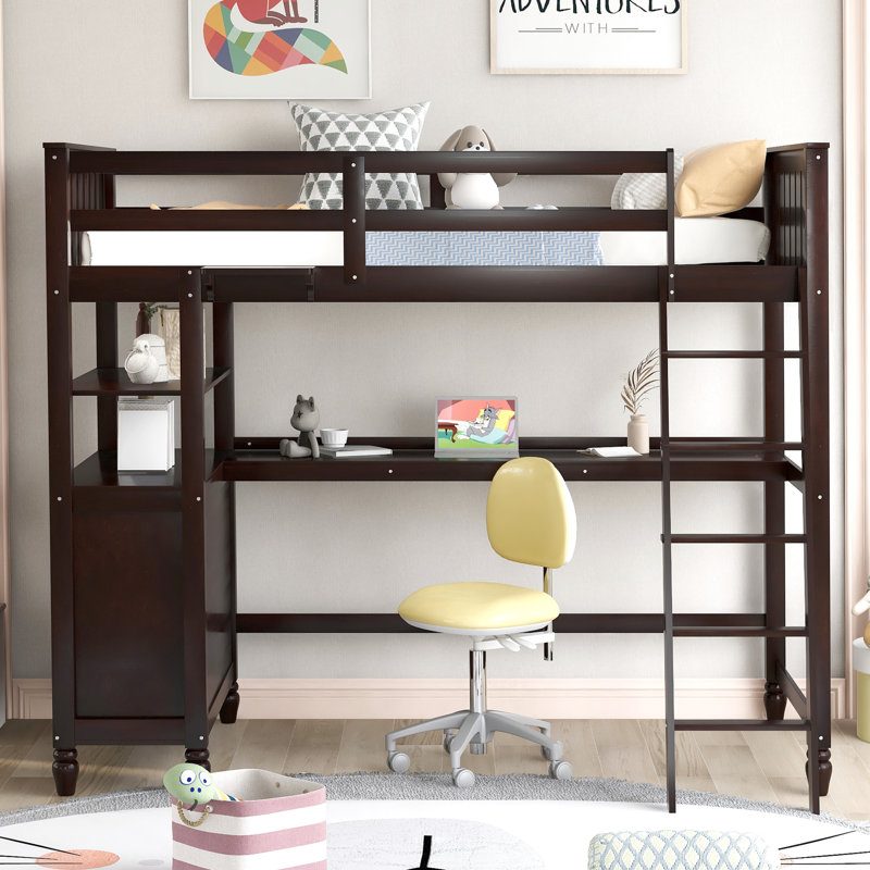 Lit mezzanine simple avec tiroirs et bureau, bois massif pour une chambre fonctionnelle - Optimisez votre, Espresso
