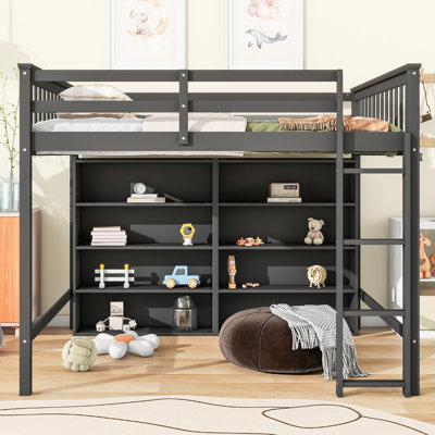 Lit mezzanine double gris avec 8 tablettes ouvertes et - Économie d'espace pour les dortoirs