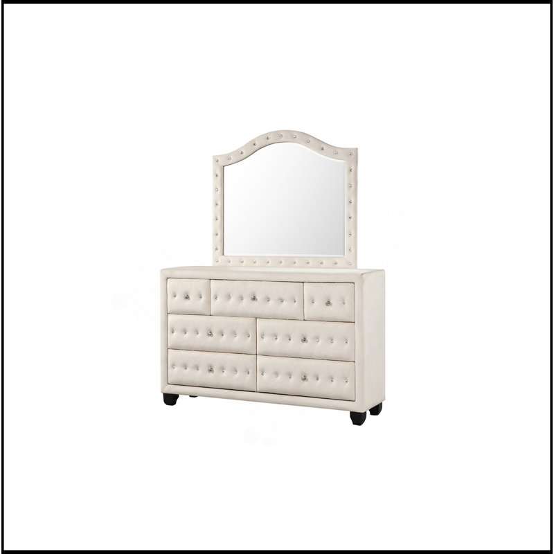 Miroir capitonné en cristal Sophia Modern Style, Crème, crème