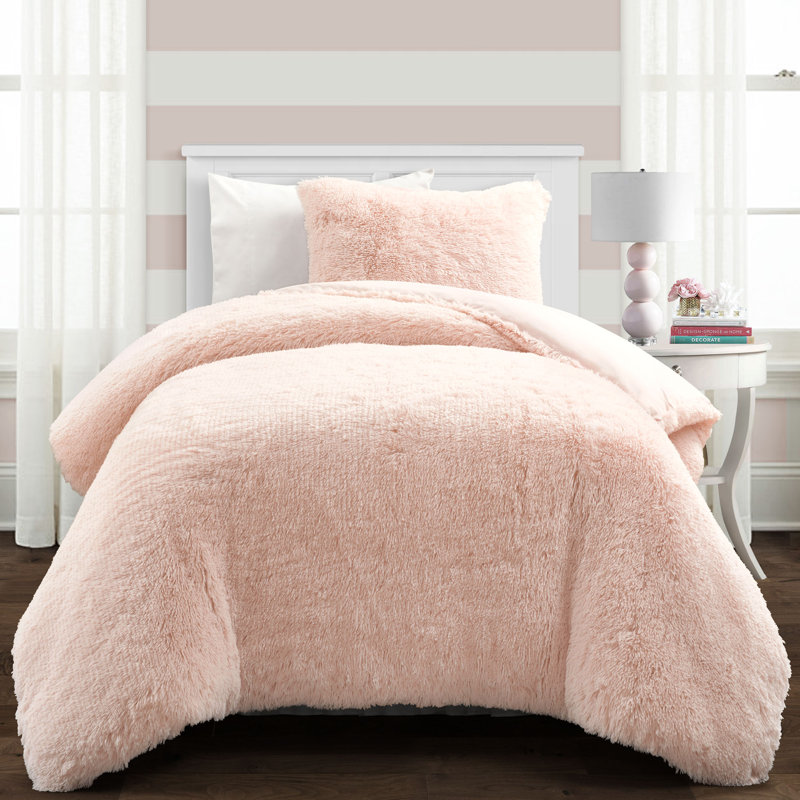 Blush Faux Fur Full/Queen Comforter Set with Matching Shams