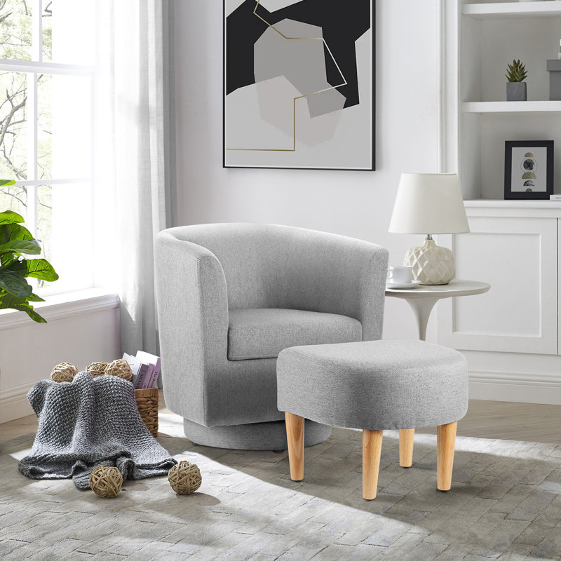 Gray Linen Swivel Barrel Chair with Ottoman and Wood Legs