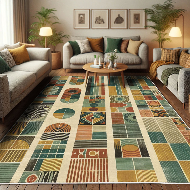 Mid-Century Modern Geometric Multicolor Synthetic Area Rug 2' 5" x 5'