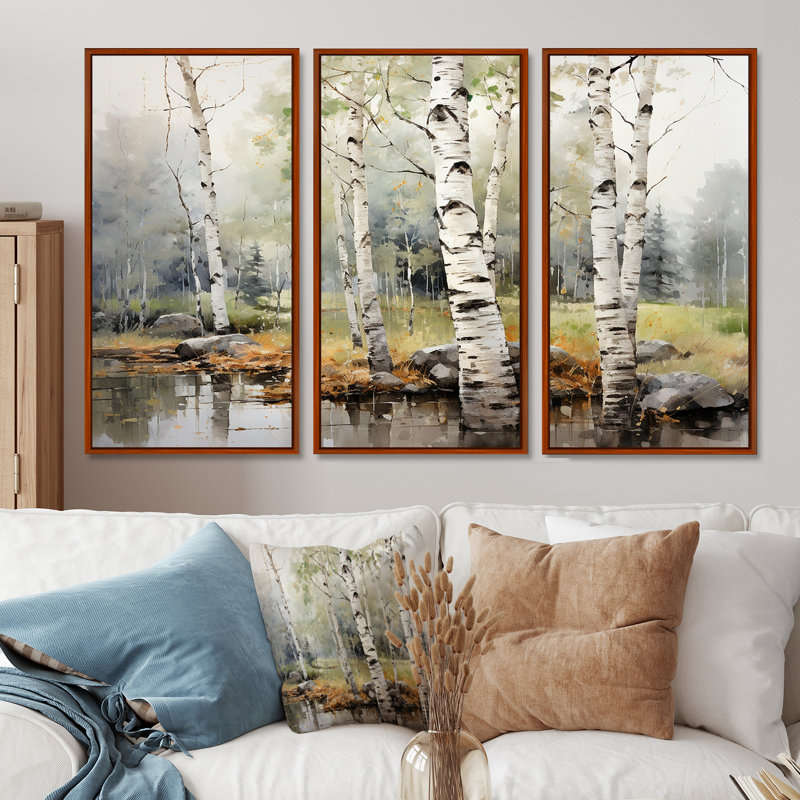 «Green Birch Wood Beauty I - Tree Birch», ensemble d'art sur toile, H 32 po x l 48 po x P 1 po, Cadre flottant brun