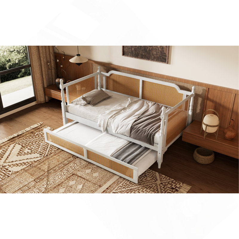 Lit de jour simple en rotin de style traditionnel avec 2 tiroirs pour un espace limité, chambre d'amis, aucun sommier nécessaire, blanc antique