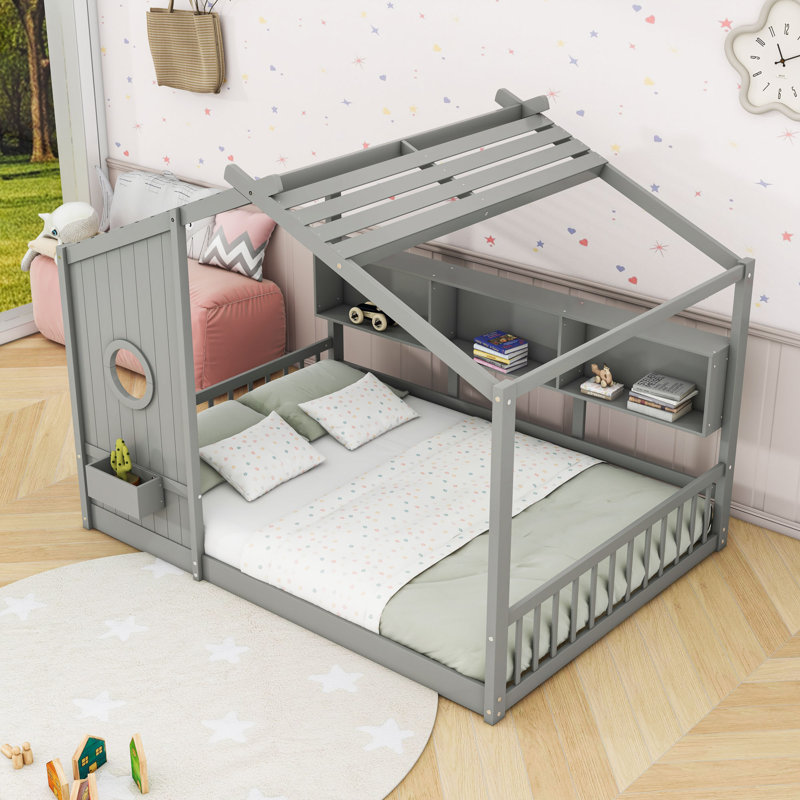 Lit en bois avec toit et tablettes de rangement, gris, Double