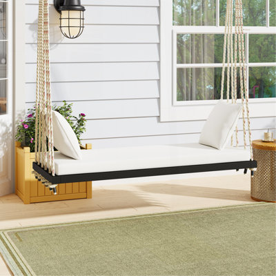 Patio Wooden Swing Chair, Hanging Porch Swing Bench With Cushion&Pillows, 10.8Ft Hemp Ropes For Garden,Backyard, Lawn,Black