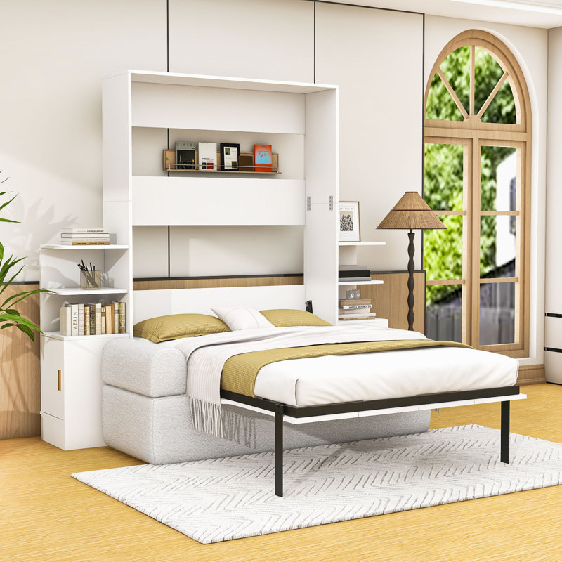 Lit escamotable double en bois avec tablettes intégrées et canapé rembourré, Blanc
