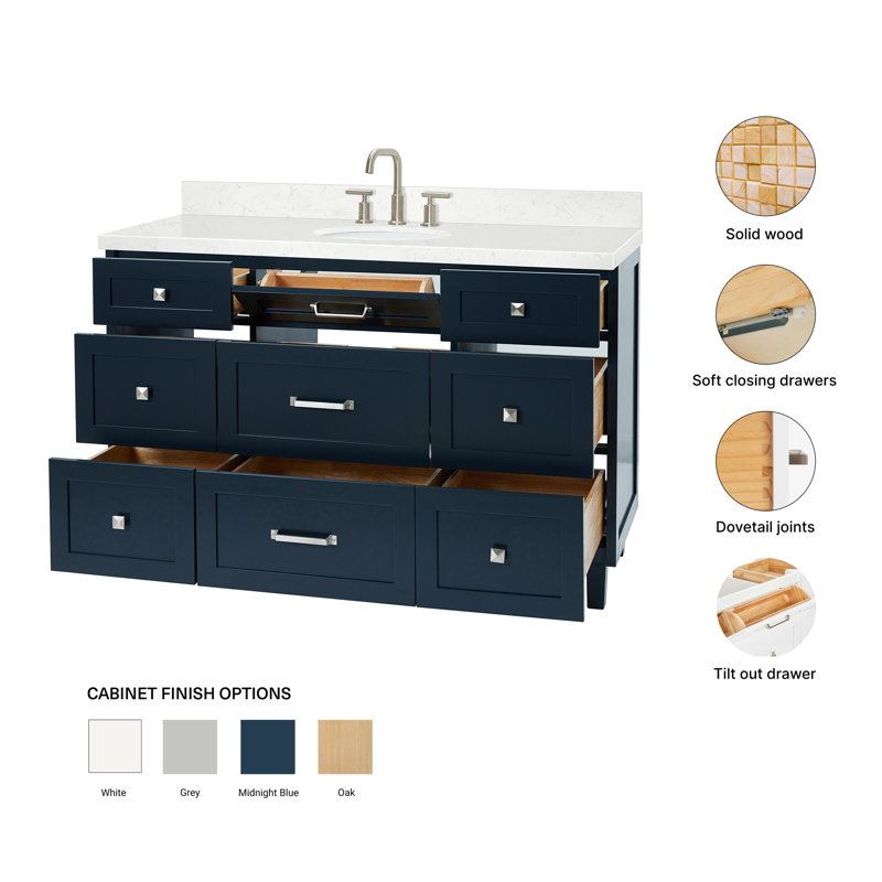 ARIEL Monroe 54 Single Sink Bathroom Vanity with Carrara Quartz Top, Midnight Blue, 54" - 55", Carrara White Quartz