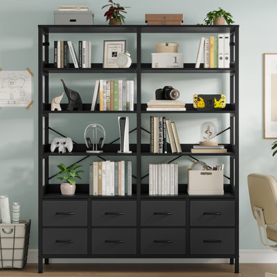 7-Tier Double Wide Bookshelves, Tall Bookcase With 8 Drawers Storage Organizer, Industrial Display Free Standing Shelf Units, Metal Storage Rack For Home Office Bedroom