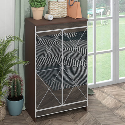 Elegant Mirrored Shoe Cabinet For Entry - Brown With Frosted Glass And Silver Colored Handles Metal