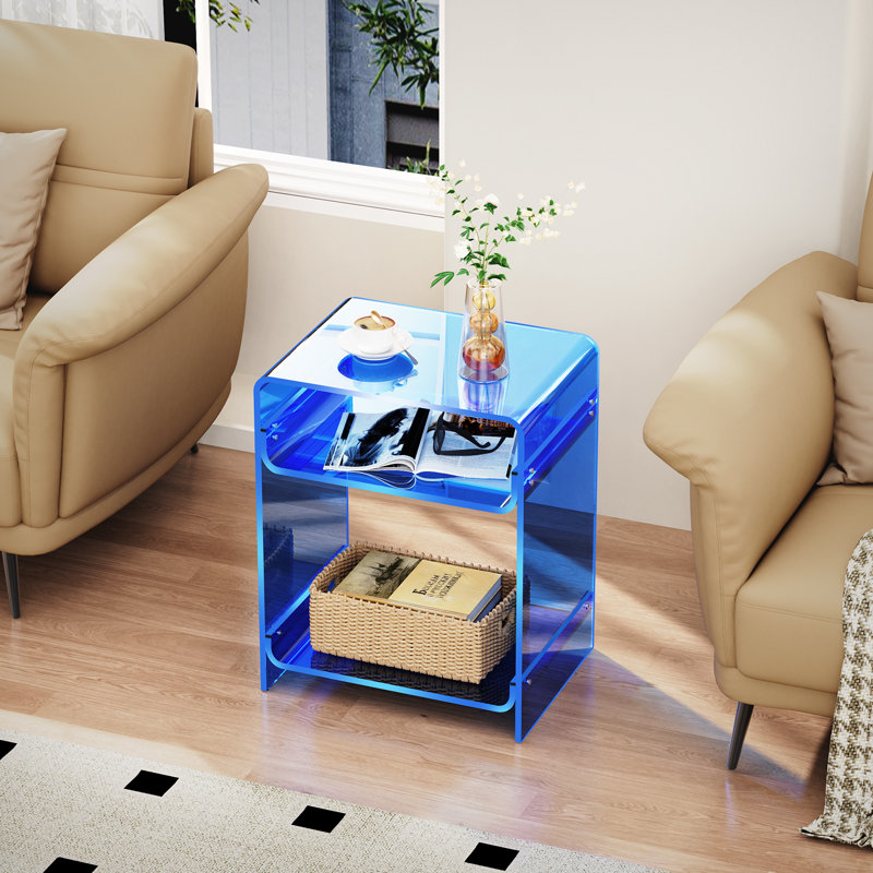 Acrylic Record Player Table with Storage Shelf, Clear Side Table Nightstand (Blue), Blue, 22.8" H x 17.7" W x 11.8" D