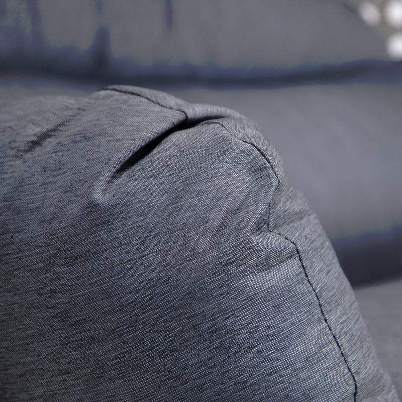 Balancelle suspendue en osier gris anthracite avec support et coussin bleu poussière
