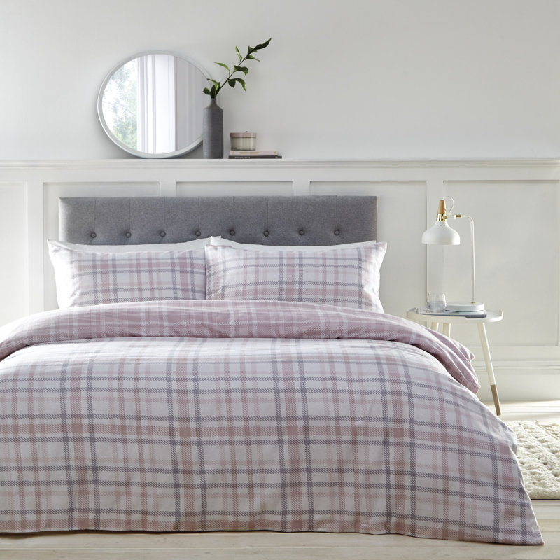 Raffael Flannel Chequered Duvet Cover Set with Pillowcases, Single - 1 Standard Pillowcase, Blush Pink
